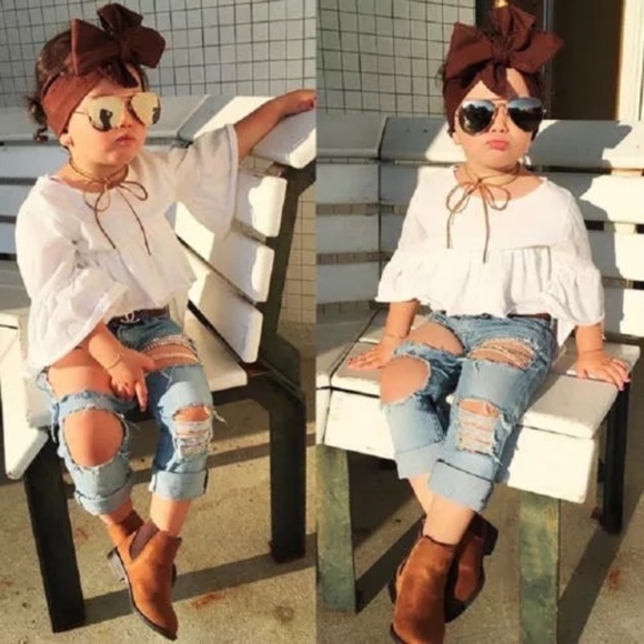 Girls Top Ripped Denim Pants Jeans Outfit - Picture 3 of 7